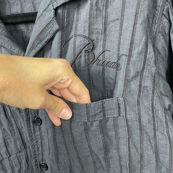 New Rhude Striped Cotton Shirt Button Front Gray Slate Embroidered Logo Mens M - Picture 3 of 16
